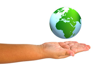 Child hand holding the planet