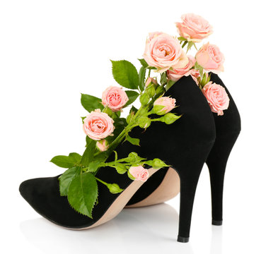 Fototapeta Beautiful woman shoes with flowers isolated on white