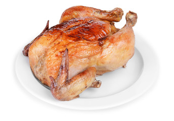Delicious baked chicken on plate isolated on white