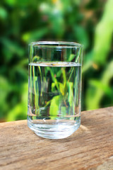 Glass of water on nature background.