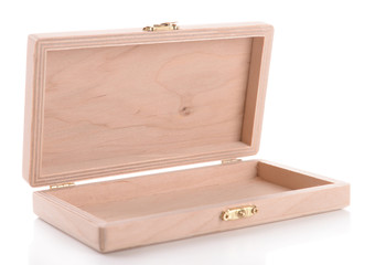 Wooden box for hand made decor, isolated on white