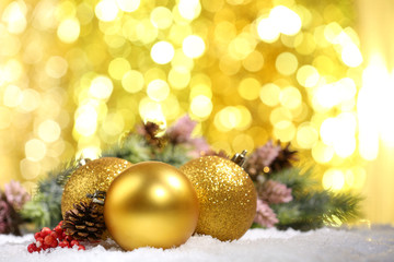 Fototapeta na wymiar Christmas composition with baubles and fir-tree