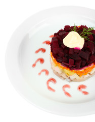 Russian herring salad on plate isolated on white