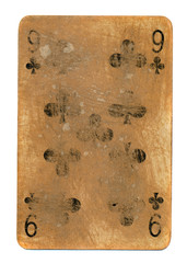 ancient used playing card of clubs with number 9