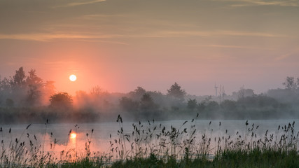 Purple haze sunrise over a lake