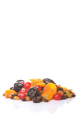 Mix dried fruit variety over white background