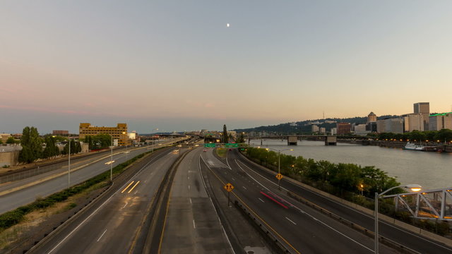 Time Lapse of Traffic Light Trails Portland Oregon at Sunset
