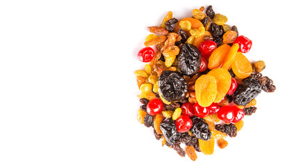 Mix variety of dried fruit over white background