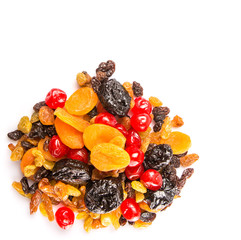 Mix variety of dried fruit over white background
