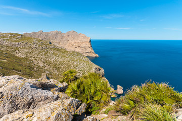 Fototapeta na wymiar View of cliffs on coast of Majorca island at Cap Formentor