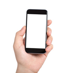 Isolated male hand holding a phone with white screen