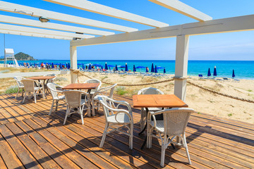 Beach restaurant on Cala Sinzias beach, Sardinia island, Italy
