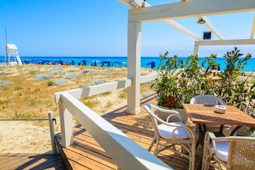 Beach restaurant on Cala Sinzias beach, Sardinia island, Italy