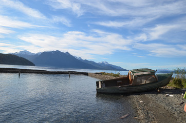 boat on shore of Lake Nahuel Huapi, Patagonian Andes, Bariloche