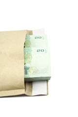 Bag with Thai money on white background