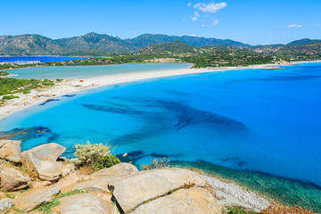 View of Villasimius lagoon beach and blue sea, Sardinia island