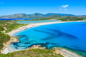 View of Villasimius lagoon beach and blue sea, Sardinia island