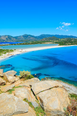 View of Villasimius lagoon beach and blue sea, Sardinia island