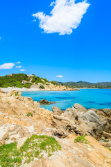 Rocks and azure sea water of Porto Giunco beach, Sardinia island