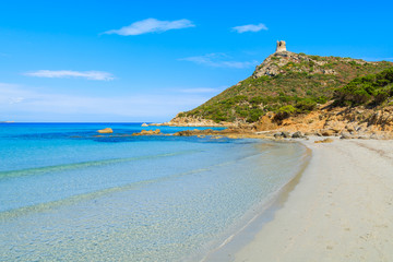 Beautiful Villasimius beach and azure sea water, Sardinia island - obrazy, fototapety, plakaty