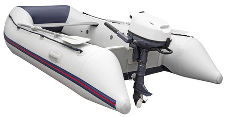 Inflatable dinghy with Outboard motor, isolated on white background with Clipping Path