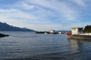 Fototapeta premium Old abandoned boat in harbour of lake Nahuel Huapi, Bariloche