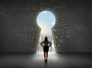 Business woman looking at keyhole with bright cityscape concept