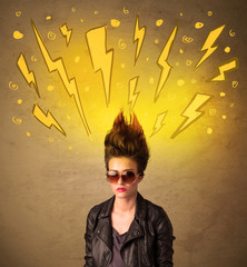Young woman with hair style and hand drawn lightnings