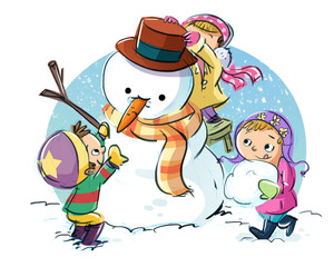 niños con muñeco de nieve