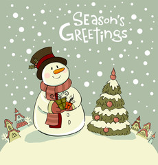 Snowman with gifts beside christmas tree.