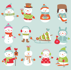 Set of 11 vector cute and funny snowmen
