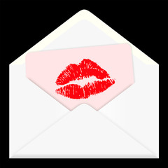 Enveloppe contenant une carte marquée d'un kiss, baisé.