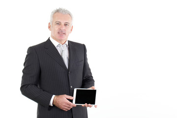 adult businessman showing blank digital tablet