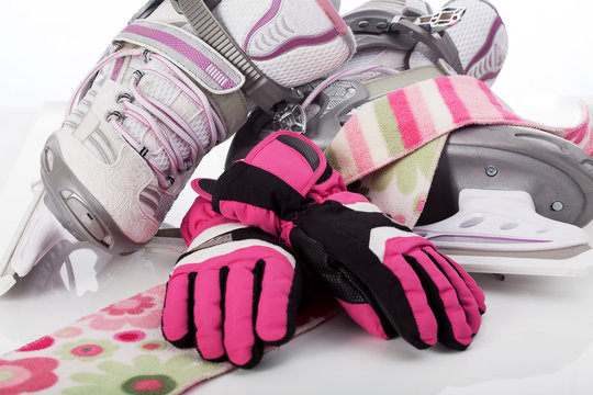 Figure skates, scarf and gloves