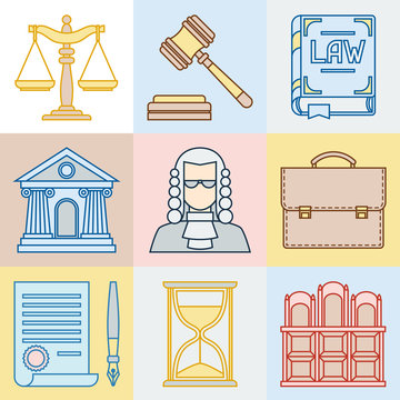 Law contour icons set in flat design style.