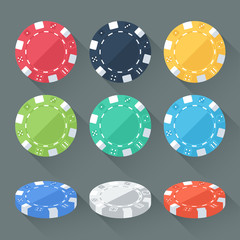 Set of colorful gambling chips, casino tokens. Flat style