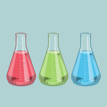 Red, green and blue liquid. Erlenmeyer flask 1000ml.
