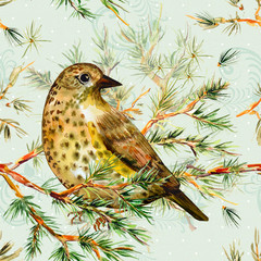 seamless texture with cute birds on pine branch watercolor