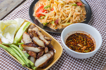 Closeup Thai papaya, charcoal-boiled pork neck,Grill pork (popular food Thailand)