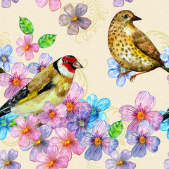 Obraz premium seamless texture with cute birds watercolor