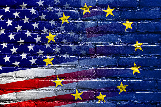 United States and European Union Flag painted on brick wall