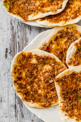 Hommade Turkish Pizza, Lahmacun on White Table Background