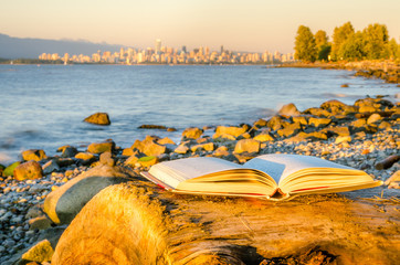 Naklejka premium Open Book on a Log at Sunset