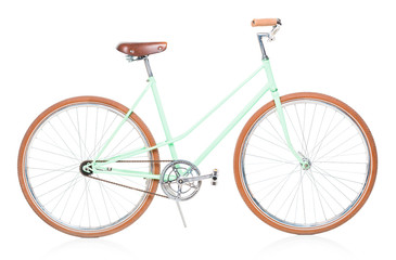 Stylish green female bike with brown wheels on white