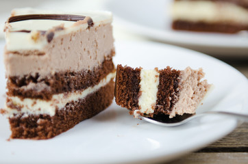 piece of chocolate cake on a white plate