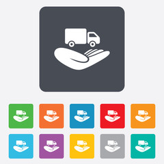 Company vehicles insurance sign. Hand hold truck