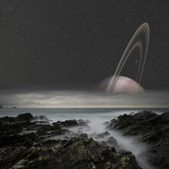 View from a satellite in orbit around a ringed planet. © marcel