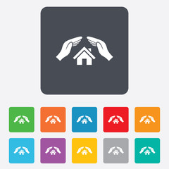 House insurance sign icon. Hands protect cover.