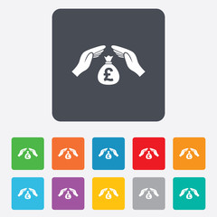 Protection money sign icon. Hands protect cash.