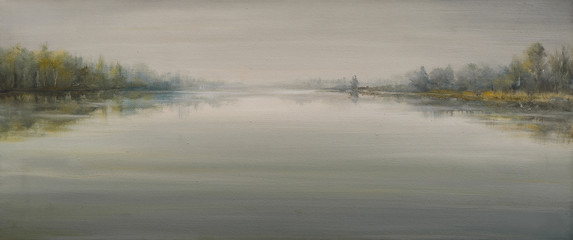 River in foggy day painted by oil on canvas.